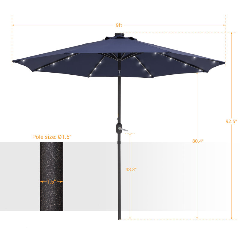 Parasol de marché extérieur Dorelli 9 pi à DEL avec inclinaison par bouton-poussoir, parasol de table tout temps pour terrasse, cour ou jardin.