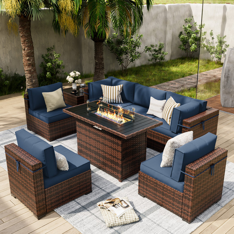 Romanas 8 Piece Patio Conversation Sets With Fire Pit Table, Navy Blue