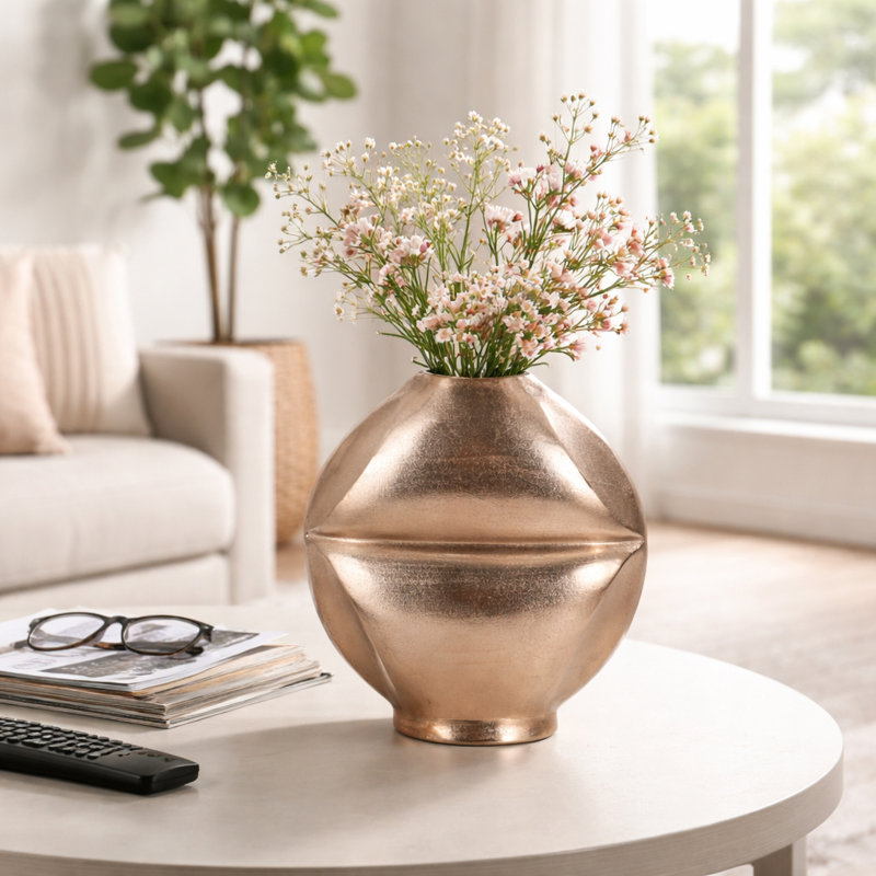 Sculptural Metal Vase with Unique Angular Shape for Home Decor - Contemporary Tall Flower Vase for Dining Room Table or Bedroom Decor - Gold