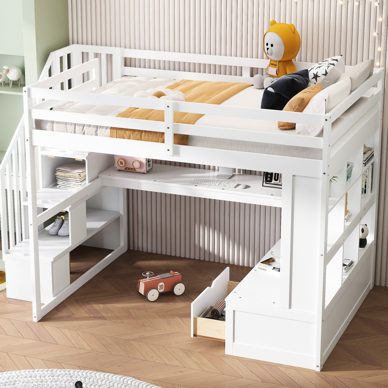 Lit mezzanine avec bureau, tablettes, 2 tiroirs spacieux et escalier de rangement sécuritaire et fonctionnel - Blanc