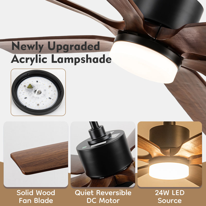 Ceiling Fan With Led Light, Remote Control, Reversible Motor, 5 Cct, Solid Wood Blades, Black, Walnut, 60" Wide