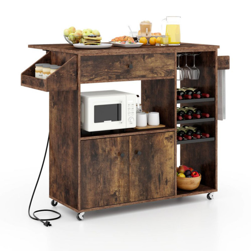 Drop Leaf Mobile Kitchen Island Cart With Power Outlet And Adjustable Shelf