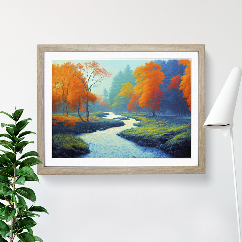 Autumn Forest Stream 1 Piece Single Picture Frame Wall Art, 46cm H x 64cm W, Grey