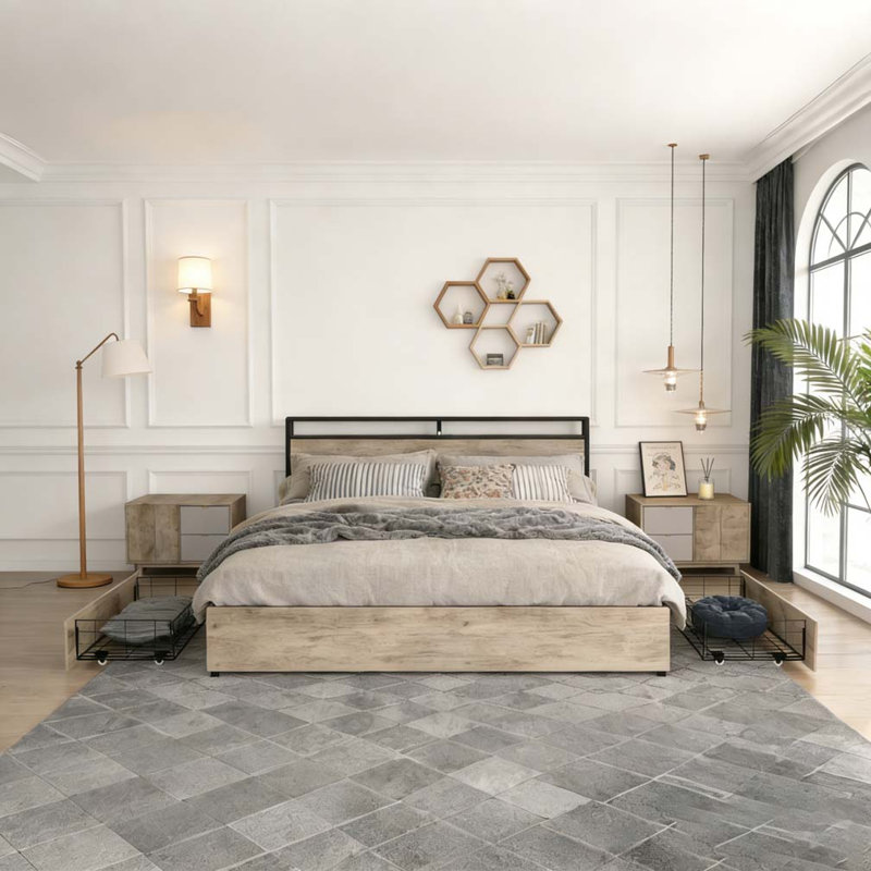 Full Bed Frame, Storage Headboard with Charging Station, Gray Wash, Full