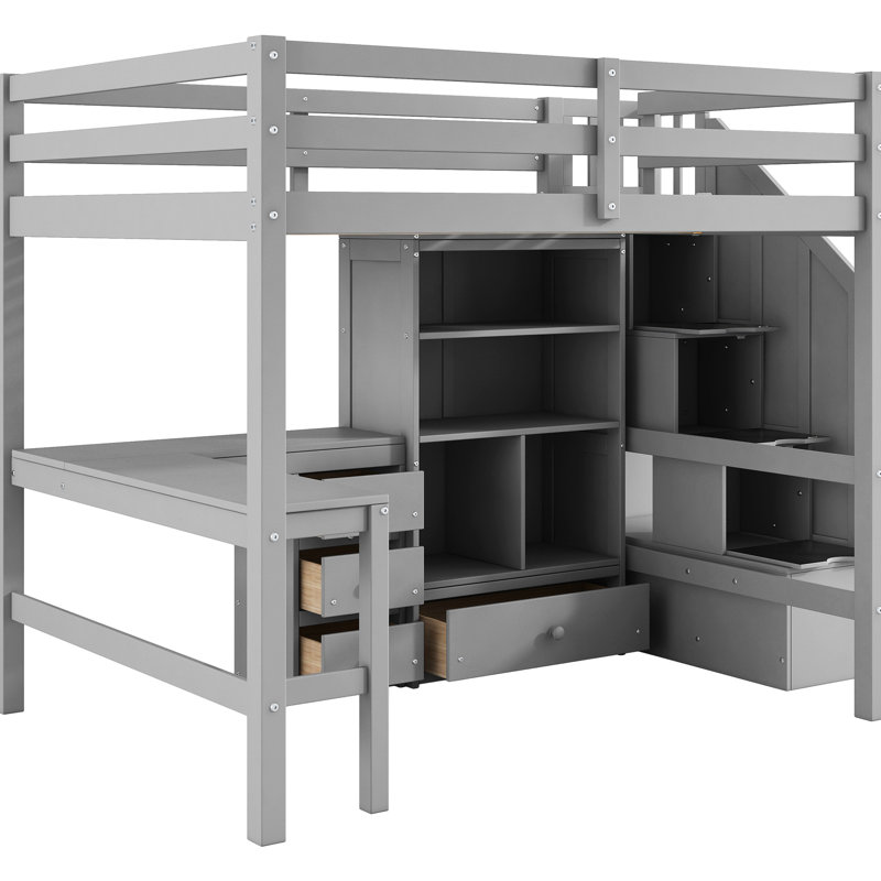 Lit mezzanine double avec bureau en L, tiroirs, armoire et bureau pour escalier en option, Gris