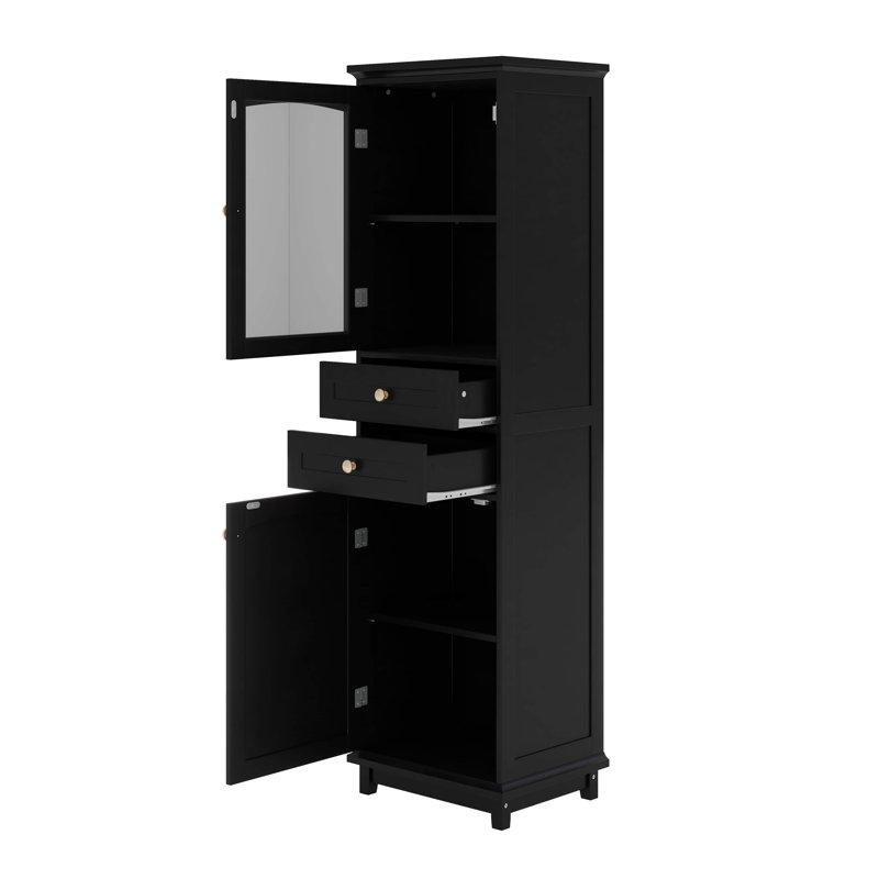 Maximisez le rangement avec une grande armoire de rangement pour salle de bain, des tablettes réglables et des portes en verre