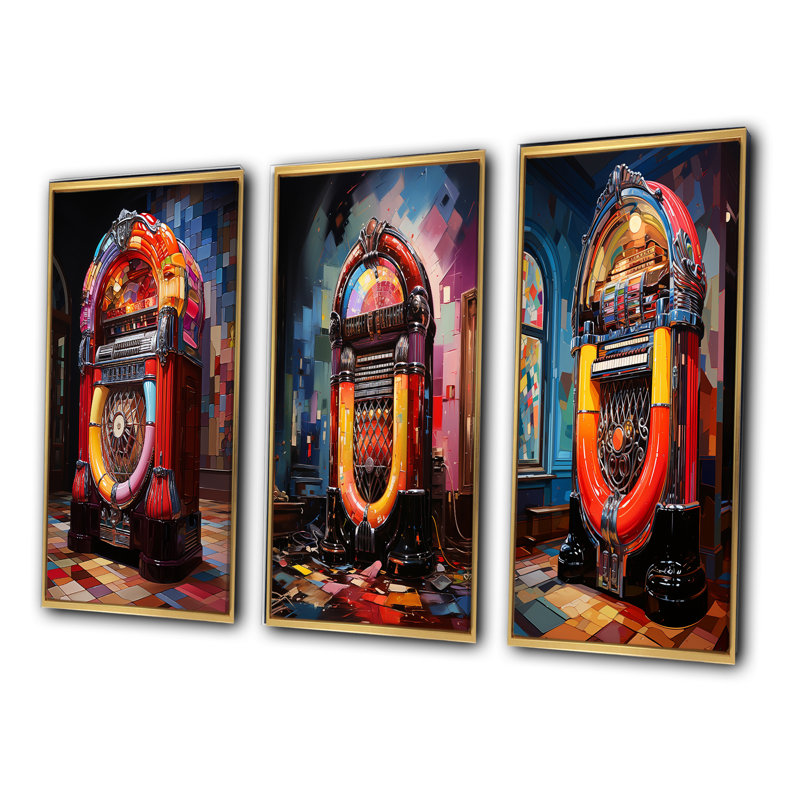 «Jukeboxes Nostalgic Melody», 3 pièces sur toile, Encadrement doré, H 40 po x l 60 po