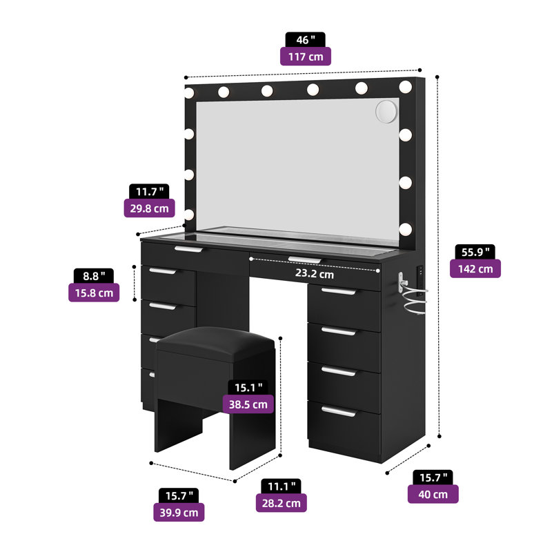 Meuble-lavabo à 10 tiroirs avec grand miroir, Noir, noir, noir, noir
