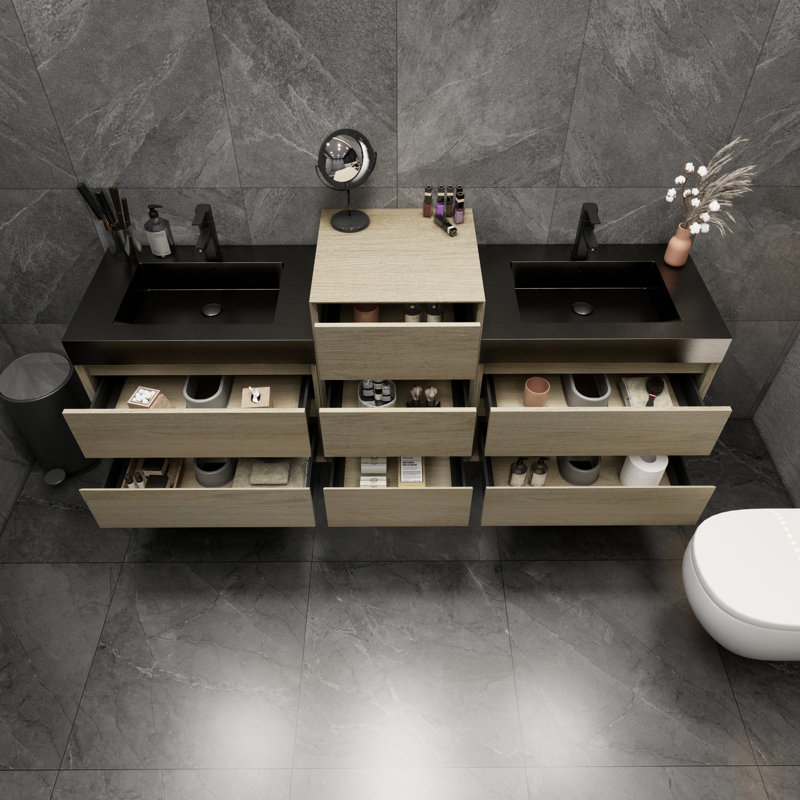 Ayami 66.38'' Double Bathroom Vanity with Stainless Steel Top, Coffee Wood
