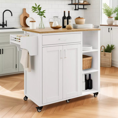 Rolling Kitchen Island Cart On Wheels With Drawer Open Shelves & Spice Rack With Storage For Dining Room by Winston Porter