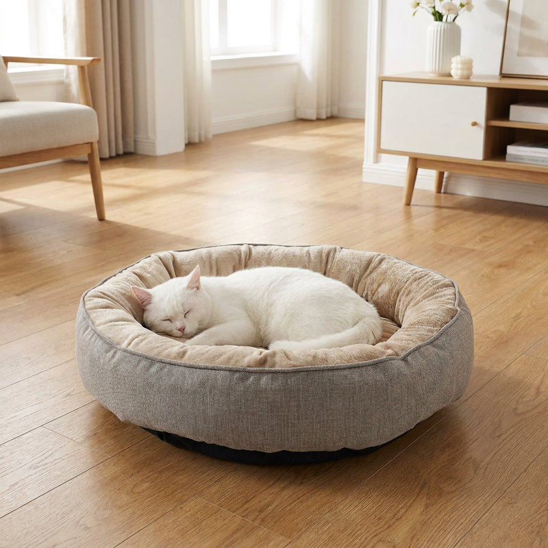 Pet Bed, 27.56" D x 27.56" W, Beige/Gray