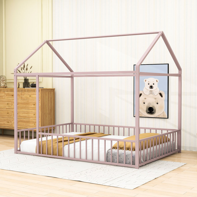 Lit double en métal avec conception de maisonnette et espace de couchage semi-fermé, Rose