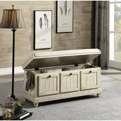 Banc rembourré beige en bois massif avec siège rabattable et coussin de mobilier de maison à charnières à fermeture en douceur