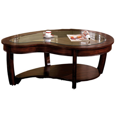 Traditional Dark Cherry Coffee Table With Tempered Glass And Open Bottom Space Brown Wood Tone Shelf Top