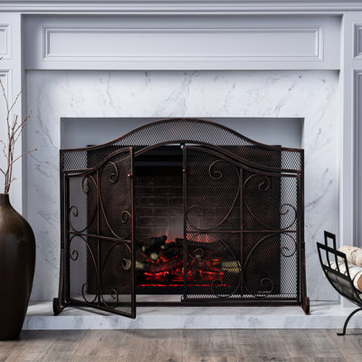 Iron Fire Screen With Ornamental Design, 32.32" H X 43.25" W, Easy Access, Matte Finish Modern Screen, Construction, Ornamental, Access
