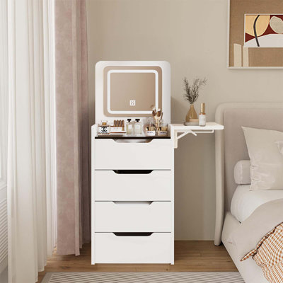 Bureau de maquillage avec panneau caché, miroir de coiffeuse avec lumières, station de charge, ensemble de coiffeuse 3 en 1 avec 3 tiroirs, coiffeuse, coiffeuse compacte avec tabouret caché, bureau de coiffeuse avec miroir et lumières