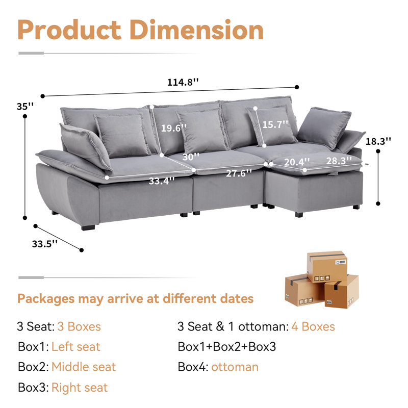 Canapé rembourré doux avec repose-pieds 142,5 po 4 sièges, 3