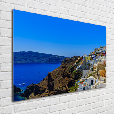 Glass Print Wall Art 100X70cm Image Printed On Glass Decorative Wall Picture Behind Toughened / Tempered Safety Real Glass For Kitchen & Living Room Theme:Santorini Greece