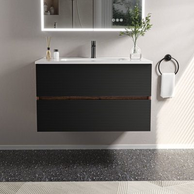 30 in. Single Sink Floating Black & Walnut Bath Vanity with White Ceramic Top, 2 Soft Drawers