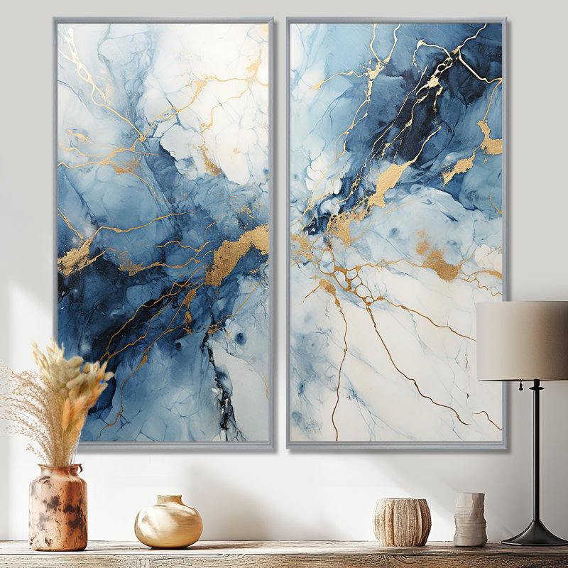 Marbre blanc et bleu orage surdimensionné, H 32 po x l 32 po, Impression encadrée flottante, Argent argent