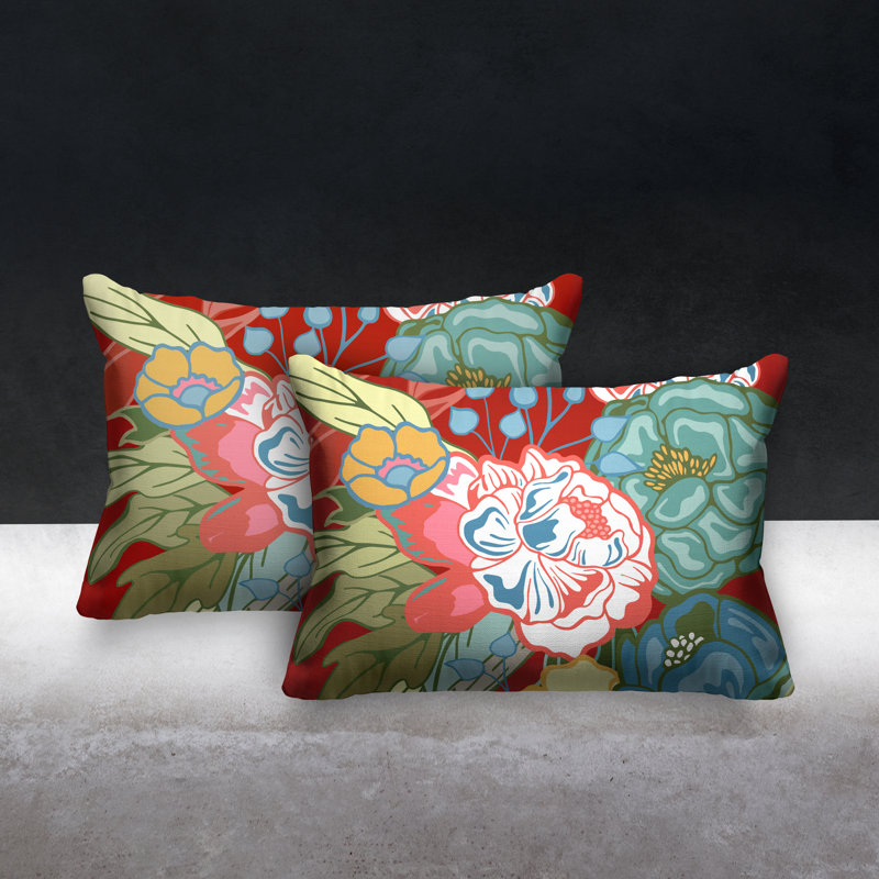 Nouvel Floral Indoor/Outdoor Lumbar Pillow, Red