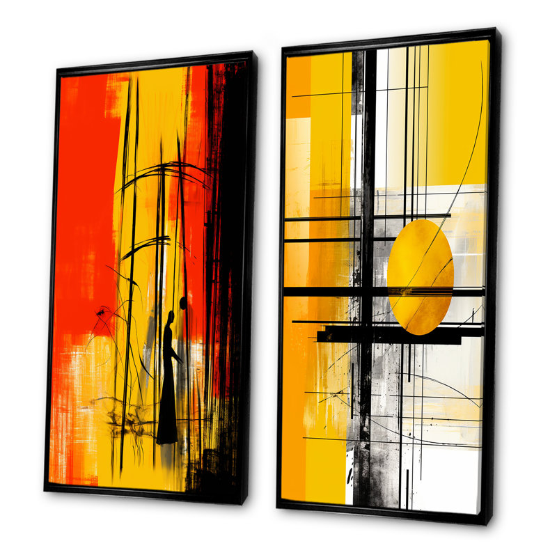 «Yellow Brilliant Echoes Abstract Collages I», ensemble de 2 reproductions d'art sur toile, Cadre noir, H 40 po x l 41 po