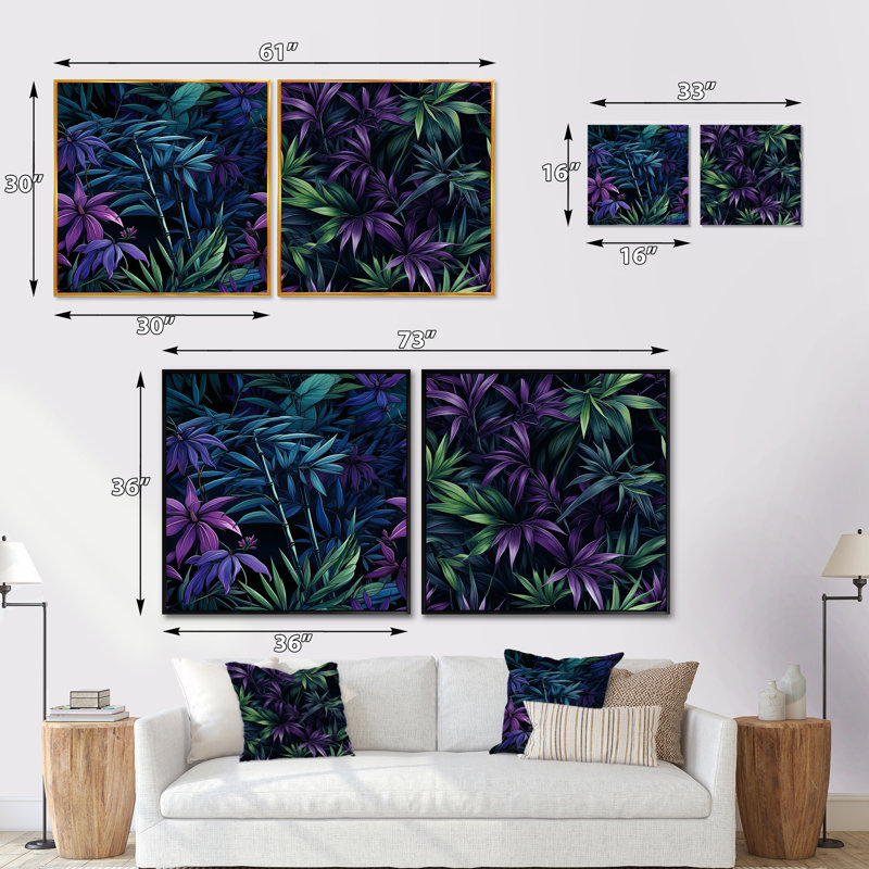 Bambou crépuscule vert et mauve motif tropical - ensemble de collage carré tropical, Cadre flottant noir, H 16 po x l 33 po