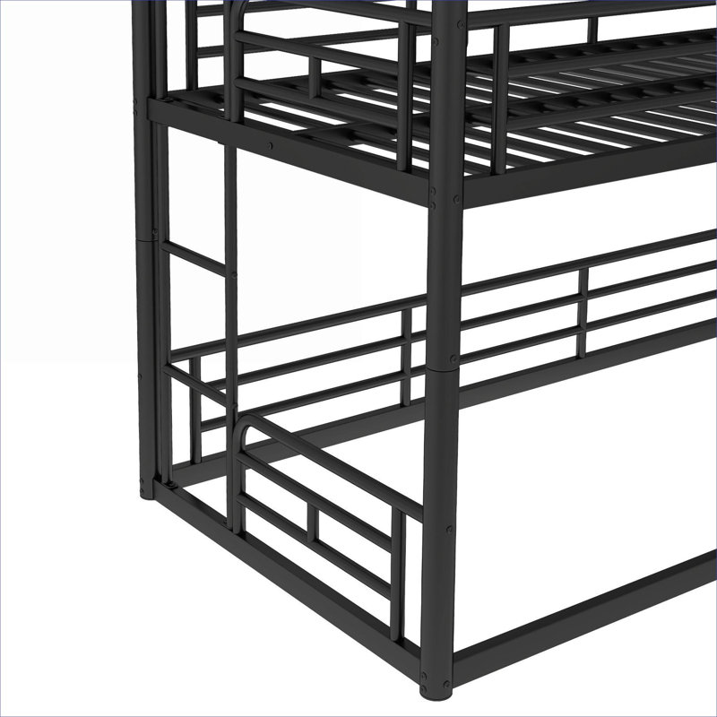 Structure de lit superposé triple en métal noir, conception verticale compacte à trois lits idéale pour les chambres partagées et les petits espaces invités