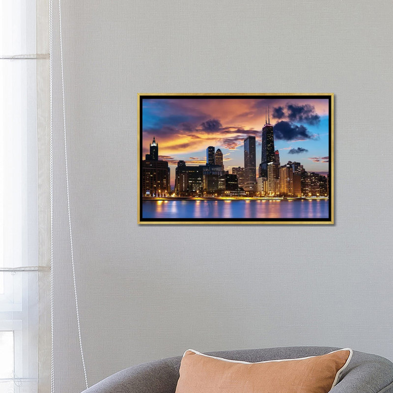 Chicago Skyline by Paul Rommer iCanvas, 18" H x 26" W x 1.5" D, Gold Floater Frame Canvas