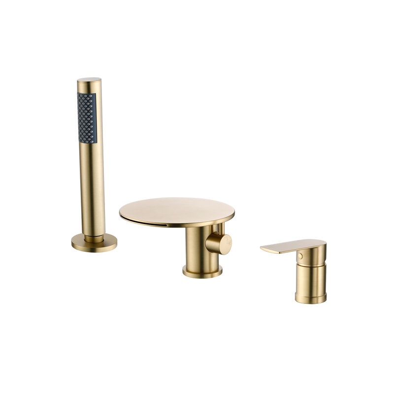 Brushed Gold Solid Brass Deck-Mounted Roman Tub Faucet with Hand Shower