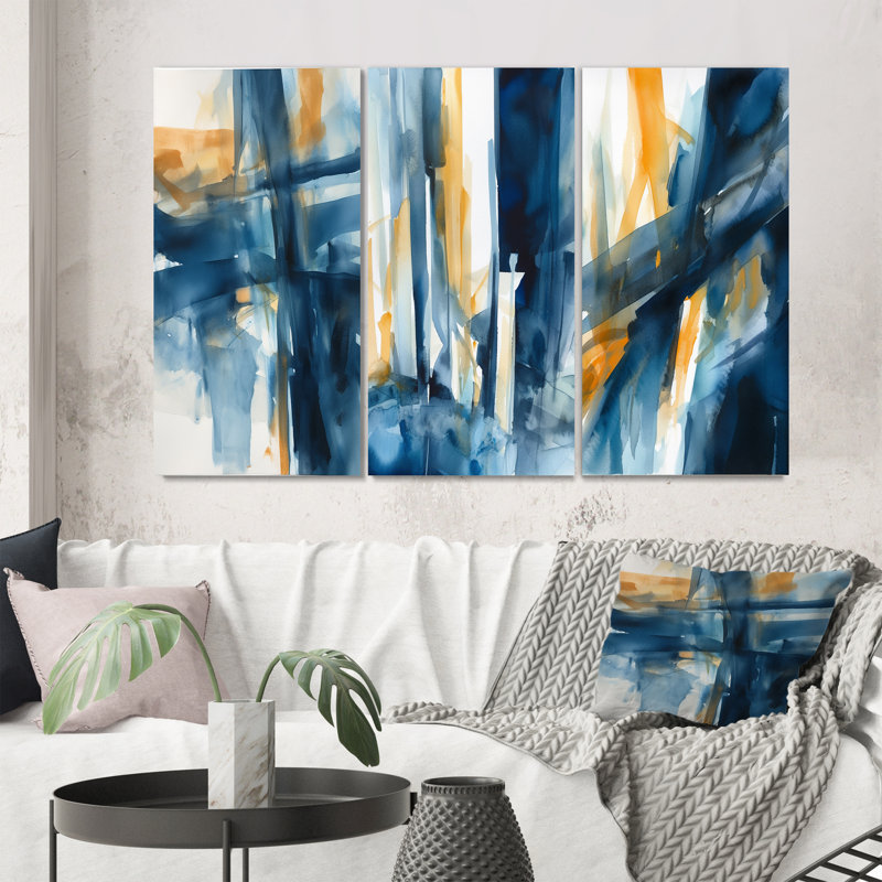 «Blue And Gold Fusion», 3 pièces sur toile, Cadre blanc, H 20 po x l 36 po