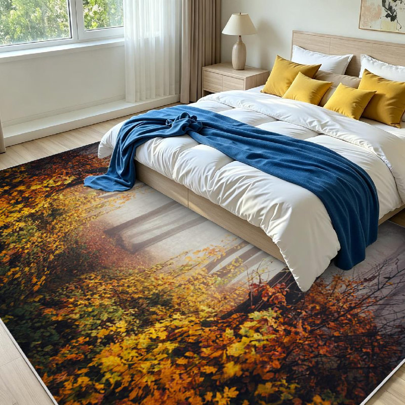 Tapis intérieur jaune lavable à la machine, motif paysage symétrique surréaliste, Rectangle 71" x 98"