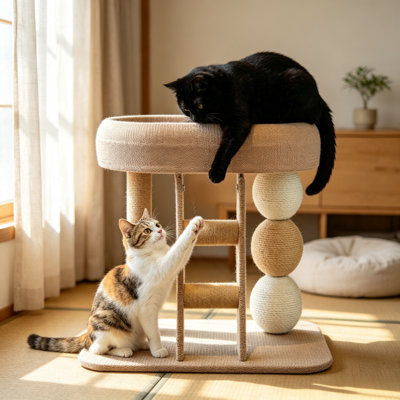 Petit arbre à chat avec poteaux à griffer en sisal, tour pour chat à plusieurs niveaux avec perchoir, échelle d'escalade et jouet à billes interactif pour chats d'intérieur