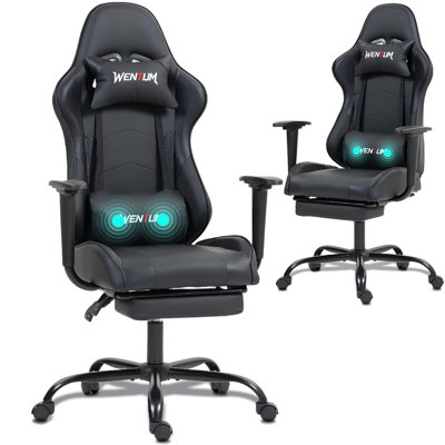 Reclining Gaming Chair with Footrest & Massage Lumbar Support, Ergonomic High-Back Racing Office Chair, PU Leather Computer Desk Chair with Head Pillo