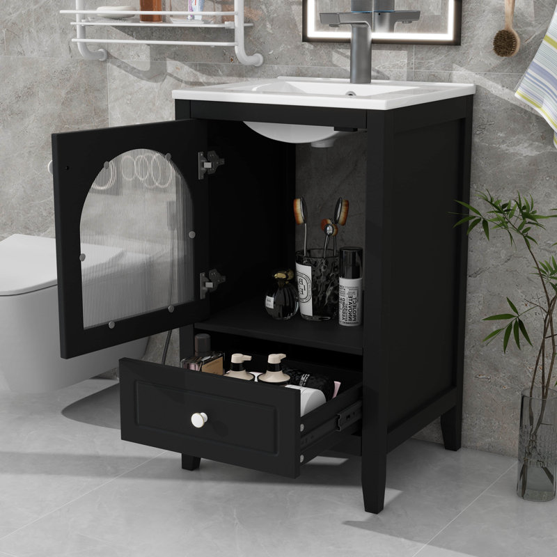 Meuble-lavabo de 20 po avec lavabo et porte en verre à fermeture douce et silencieuse, Noir