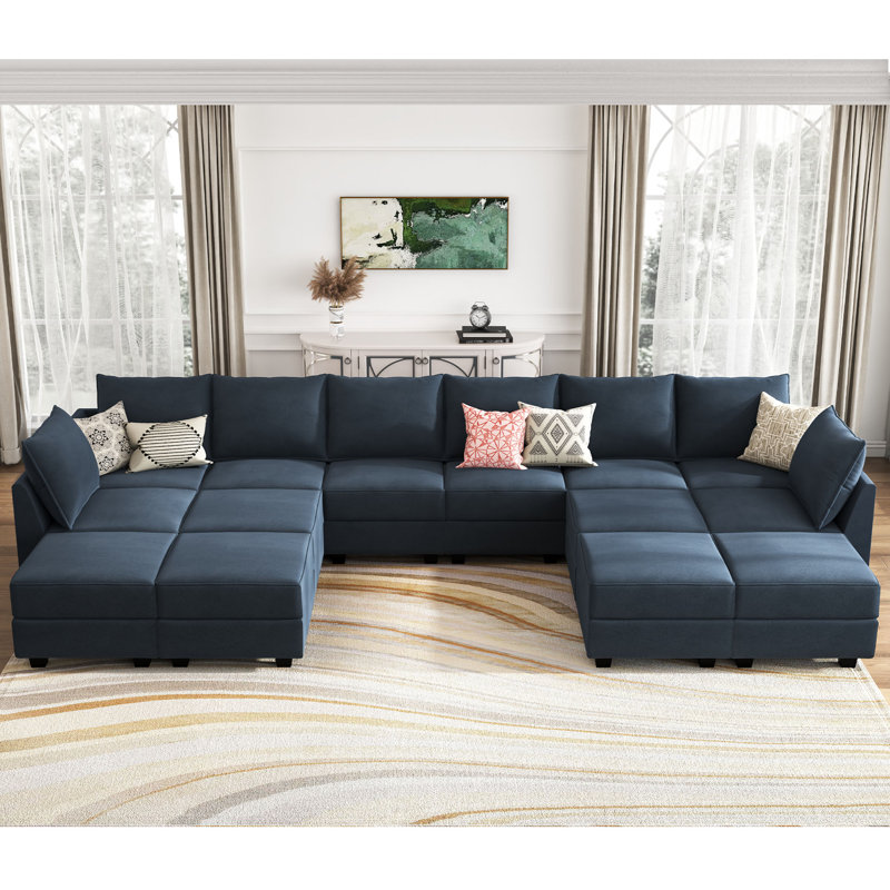 Canapé modulaire en velours avec repose-pieds Tremee, Velours bleu