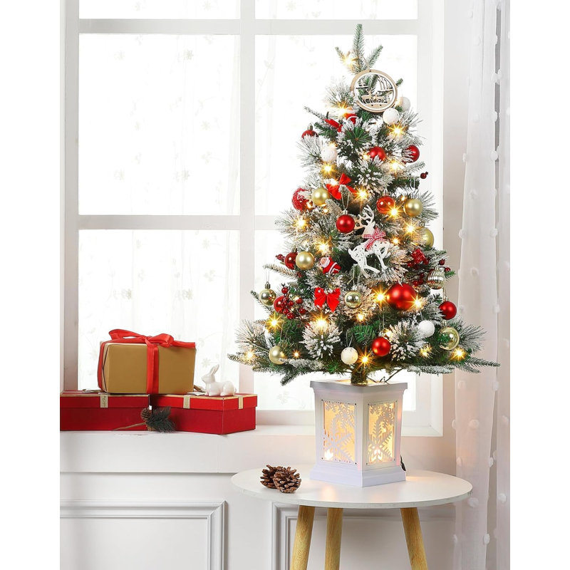 Arbre de Noël artificiel illuminé 3 pi avec lumières à DEL blanc chaud, arbre de Noël enneigé avec minuterie et base de boîte à lumière, ensemble de 1