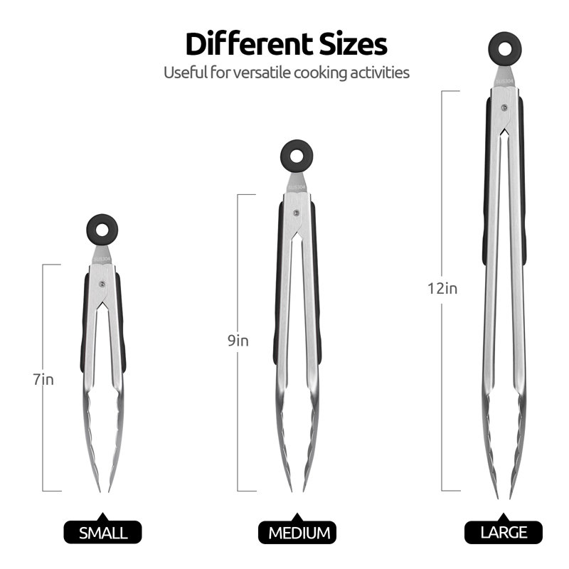 U-Taste 18/8 Stainless Steel Kitchen Tongs: 7+9+12 Inch Heat Resistant Metal Cooking Tong Set, Black
