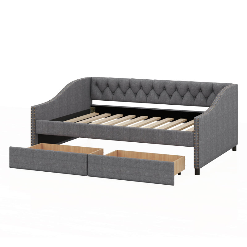 Upholstered daybed with Two Drawers, Wood Slat Support, Full