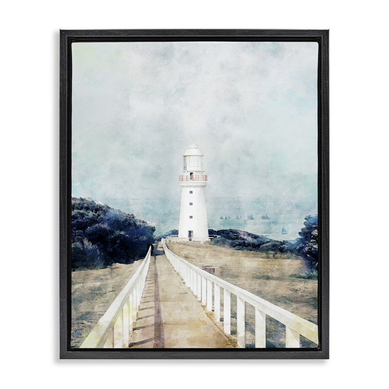 Phare blanc et promenade rustique, Cadre flottant noir de jais, H 21 po x l 17 po