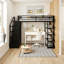 Lit mezzanine pleine grandeur noir avec tablettes, armoire et armoire de rangement - Conception en métal peu encombrante-1472976625