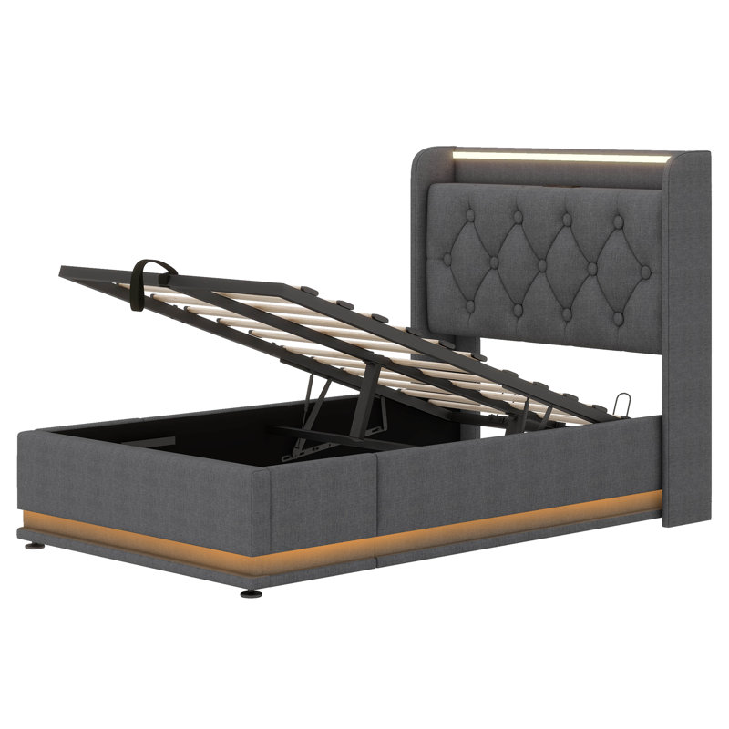 Upholstered Bed, 360 Surround LED Function, Buttons/Apps/Remote Control, Hydraulic Storage Bed With USB Type-C Charging, Gray