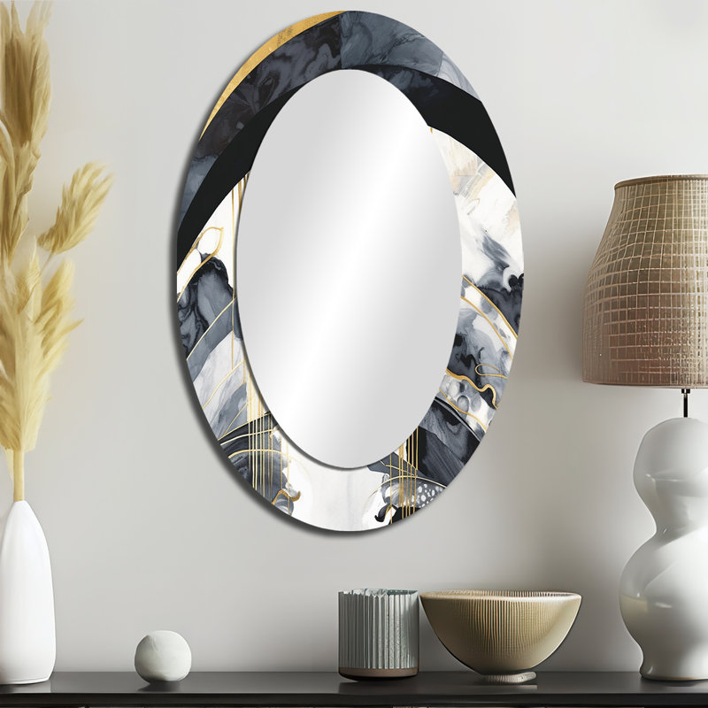 Marbre peint texturé II - grand miroir mural ovale sur métal, 36 po x 24 po