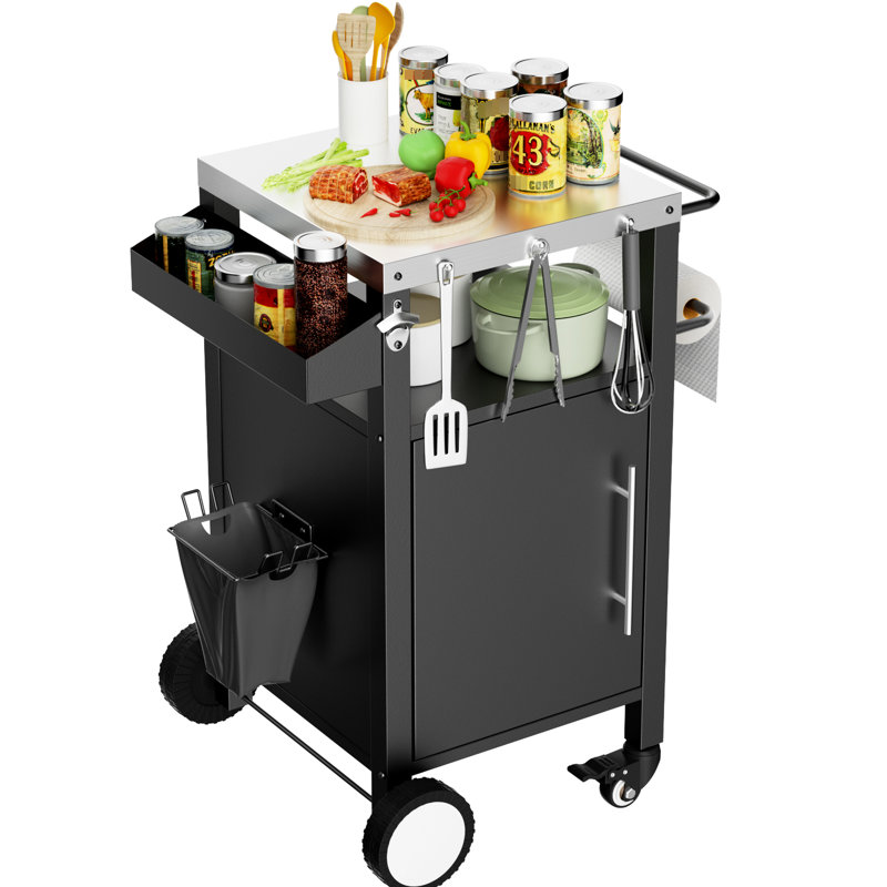 Chariot de table de bar extérieur - Profitez de boissons et de collations à l'extérieur, cuisine roulante noire polyvalente