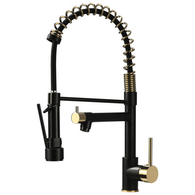 Commercial Kitchen Faucet With Pull-Down , Matte Black & Gold, Single Lever, 360 Rotation Sink Pull Down Spray, And Rotation, Lever For Use