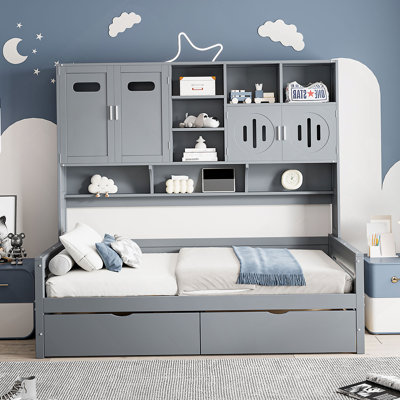 Lit de jour simple en bois avec 2 tiroirs, armoire et tablette tout-en-un, gris