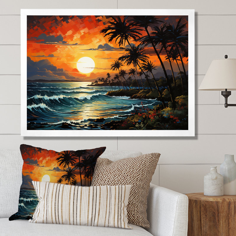 «Palm Trees Sunrise I», reproduction d'art sur toile de palmiers, H 24 po x l 32 po x P 1 po, Cadre photo blanc