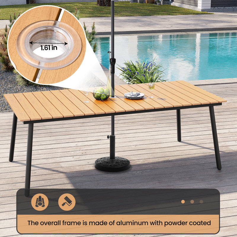 Ensemble repas pour 6 personnes en aluminium avec trou pour parasol et chaises empilables, Brun