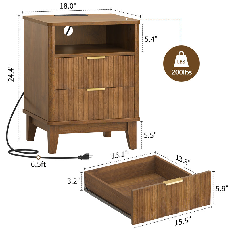 Night Stand With Charger Station, Fluted Nightstand With 2 Drawers And Storage Shelf, Mid Century Modern End Table For Bedroom Living Room,
