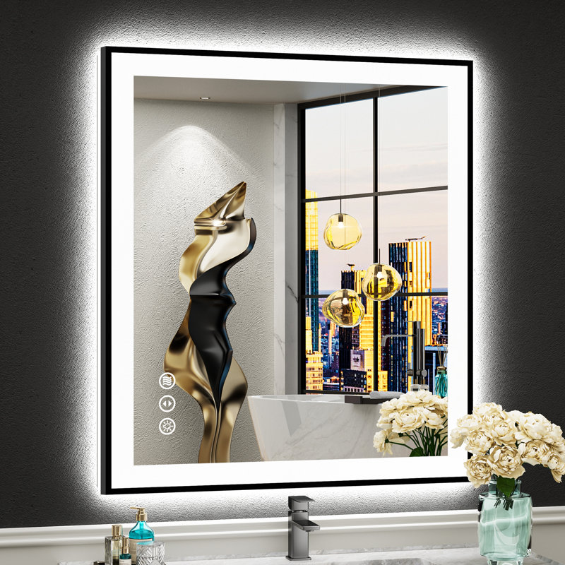 Matte Black Matel Framed Vanity Mirror with Lights, Front-lit and Back-lit, Memory Function, 3 Color Temperatures, Dimmable Light & Anti-fog Tempered Glass ETL Listed LED Mirror